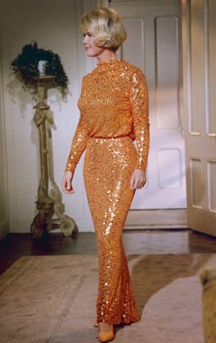 Doris Day Inspired Orange Sequin Dress in 1960s Movie "Do Not Disturb"