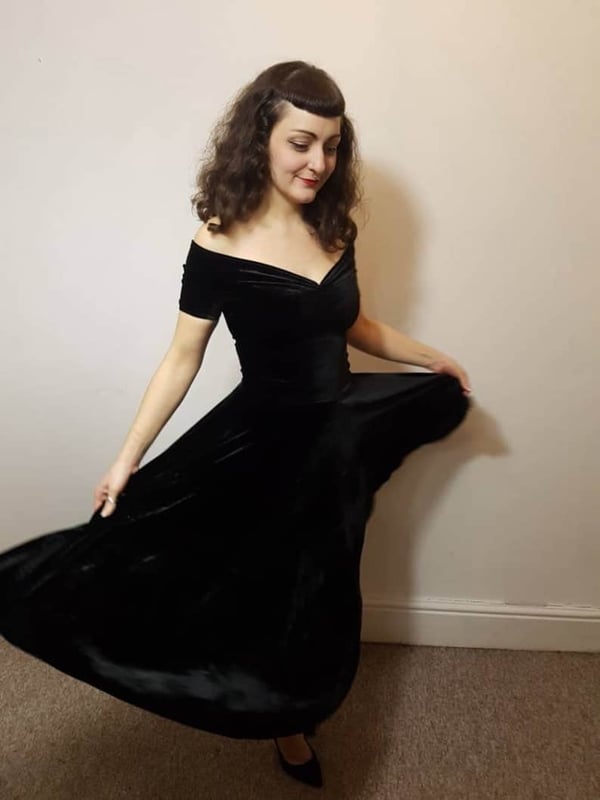 Black Velvet Off The Shoulder Full Swing Dress 1950s style cap image 1