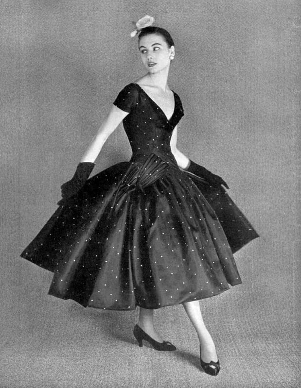 Demi-Longueur (ballerina length) 1955 dotted silk dress by Hubert de Givenchy.