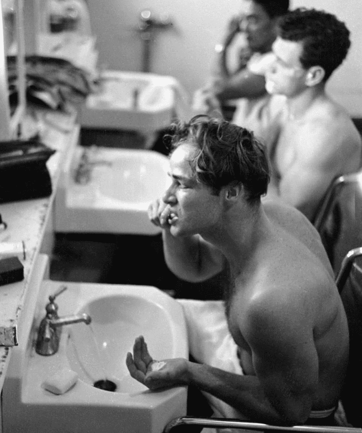 Marlon Brando washing his teeth in his first film.